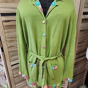 Storybook Knits Vintage Green Floral Embroidered Cardigan Sz 1X